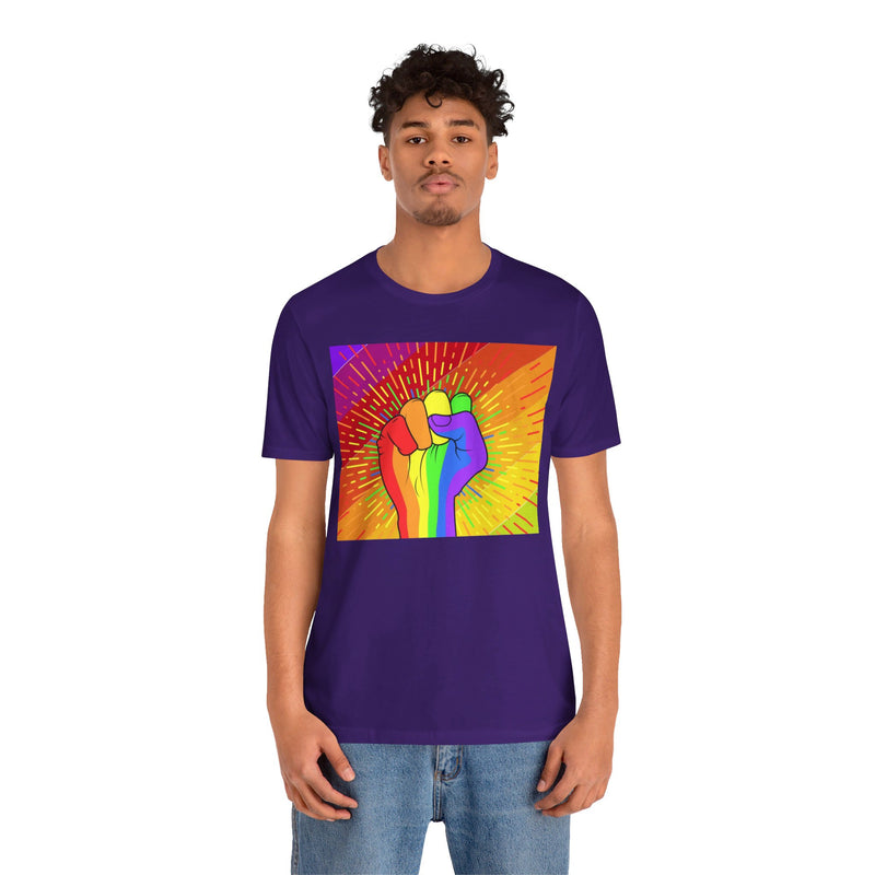 Pride Rainbow Fist Raised.  Unisex comfy casual t-shirt with short sleeves.