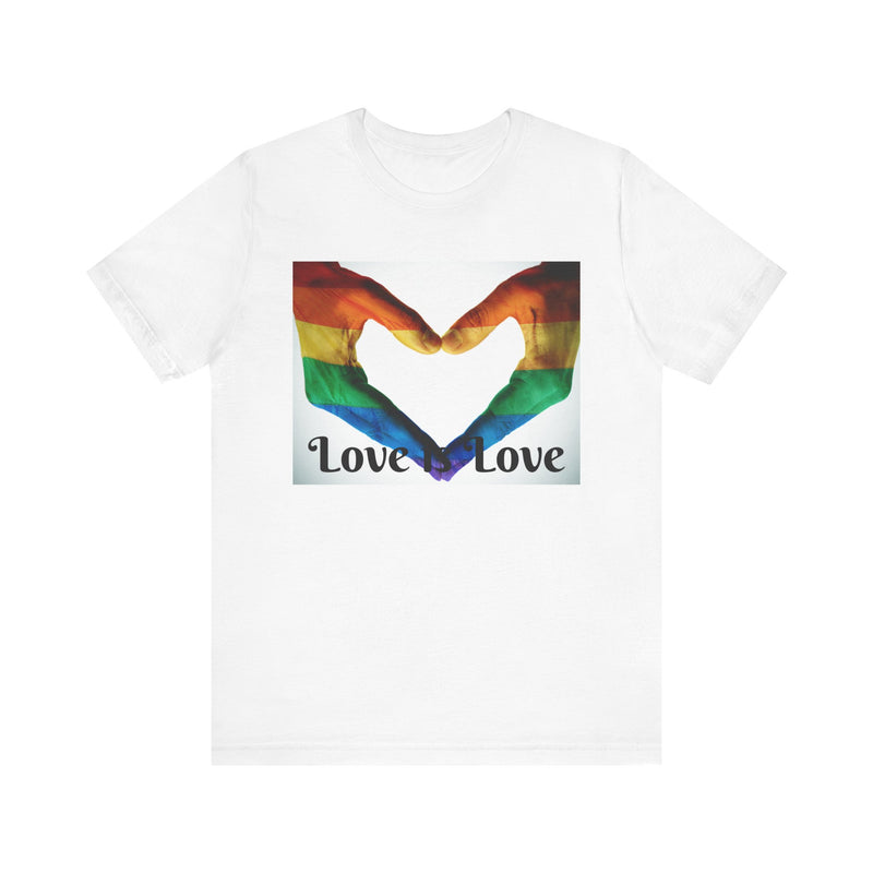 PRIDE Heart Hands LOVE is LOVE.  Unisex comfy casual t-shirt with short sleeves.