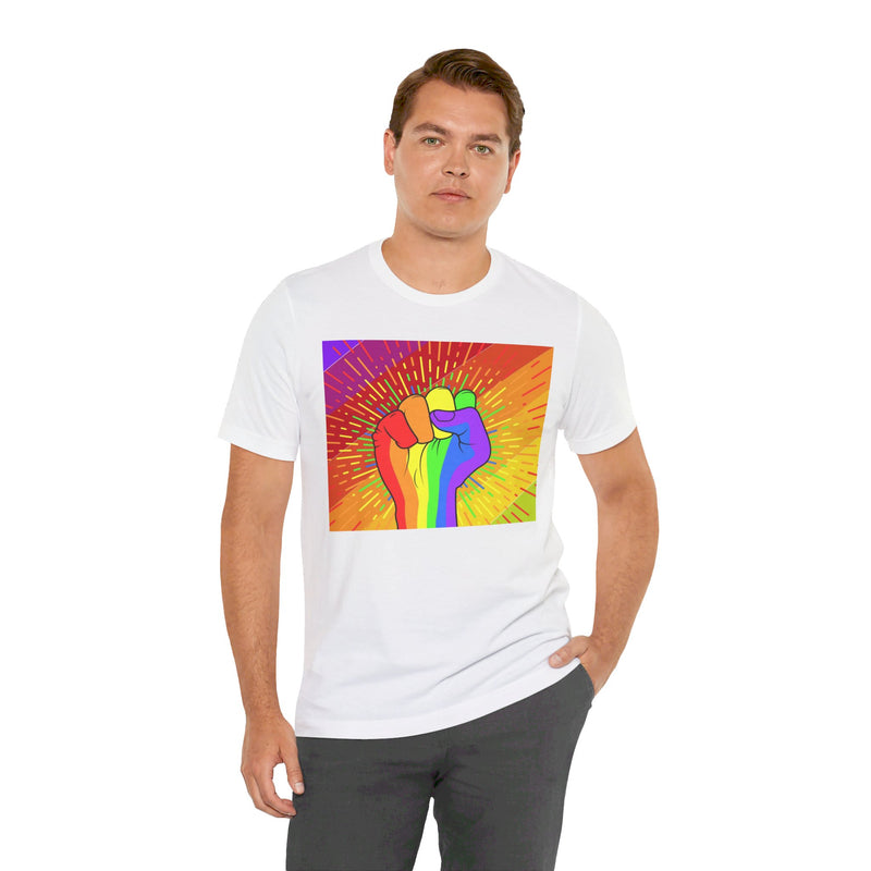 Pride Rainbow Fist Raised.  Unisex comfy casual t-shirt with short sleeves.