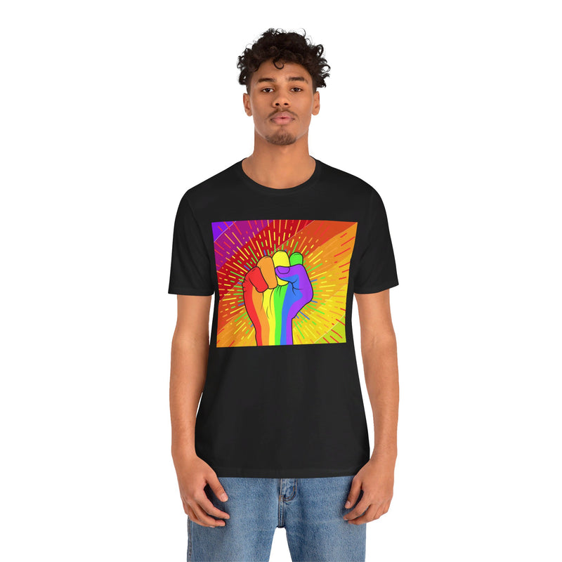 Pride Rainbow Fist Raised.  Unisex comfy casual t-shirt with short sleeves.