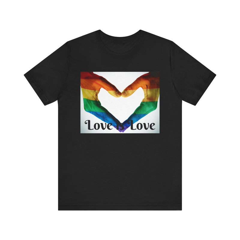PRIDE Heart Hands LOVE is LOVE.  Unisex comfy casual t-shirt with short sleeves.