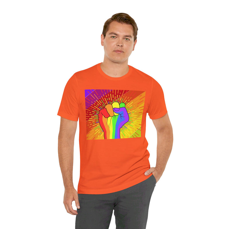Pride Rainbow Fist Raised.  Unisex comfy casual t-shirt with short sleeves.