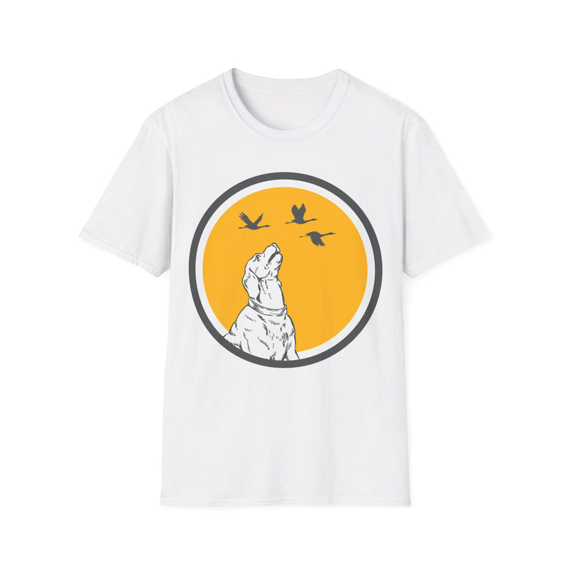 Circle Dog Watching Birds. Unisex comfy short sleeve t-shirt.