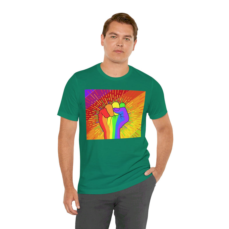 Pride Rainbow Fist Raised.  Unisex comfy casual t-shirt with short sleeves.