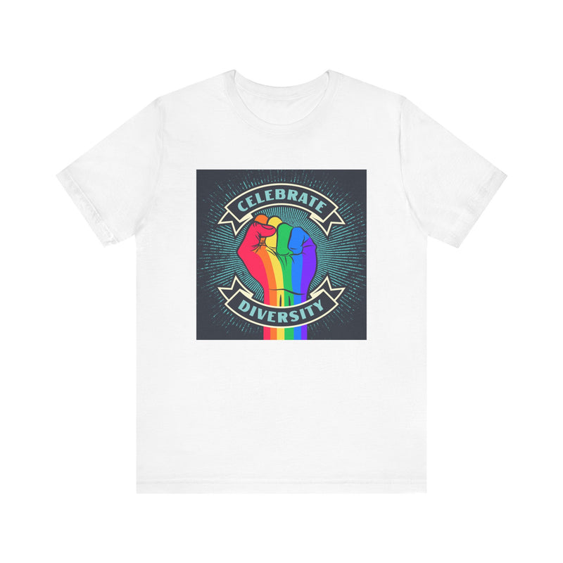 Celebrate. Rainbow Fist.  Unisex comfy casual t-shirt with short sleeves.