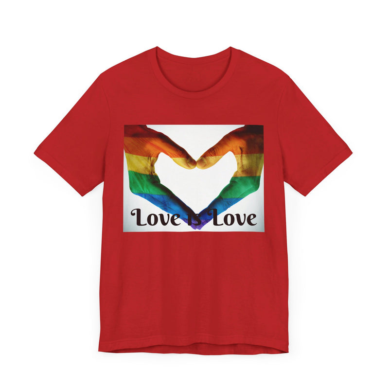 PRIDE Heart Hands LOVE is LOVE.  Unisex comfy casual t-shirt with short sleeves.