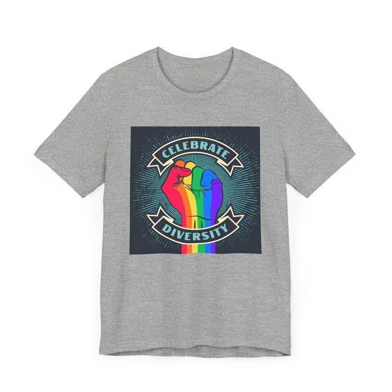 Celebrate. Rainbow Fist.  Unisex comfy casual t-shirt with short sleeves.