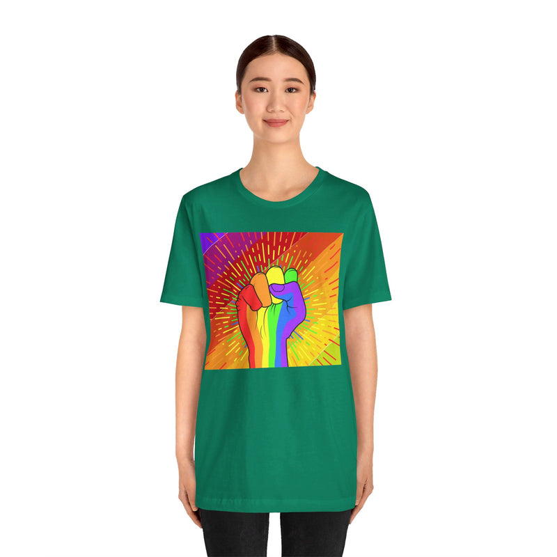 Pride Rainbow Fist Raised.  Unisex comfy casual t-shirt with short sleeves.