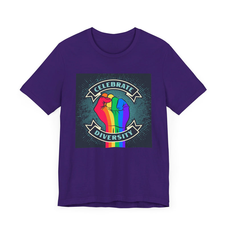 Celebrate. Rainbow Fist.  Unisex comfy casual t-shirt with short sleeves.