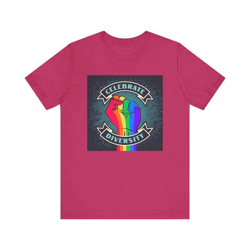 Celebrate. Rainbow Fist.  Unisex comfy casual t-shirt with short sleeves.