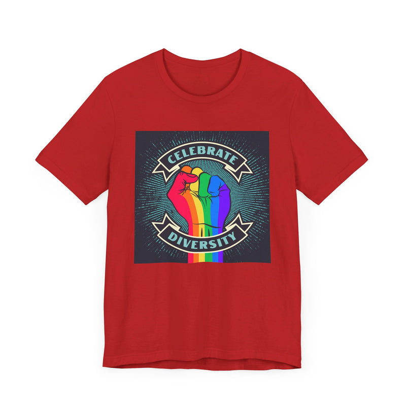 Celebrate. Rainbow Fist.  Unisex comfy casual t-shirt with short sleeves.