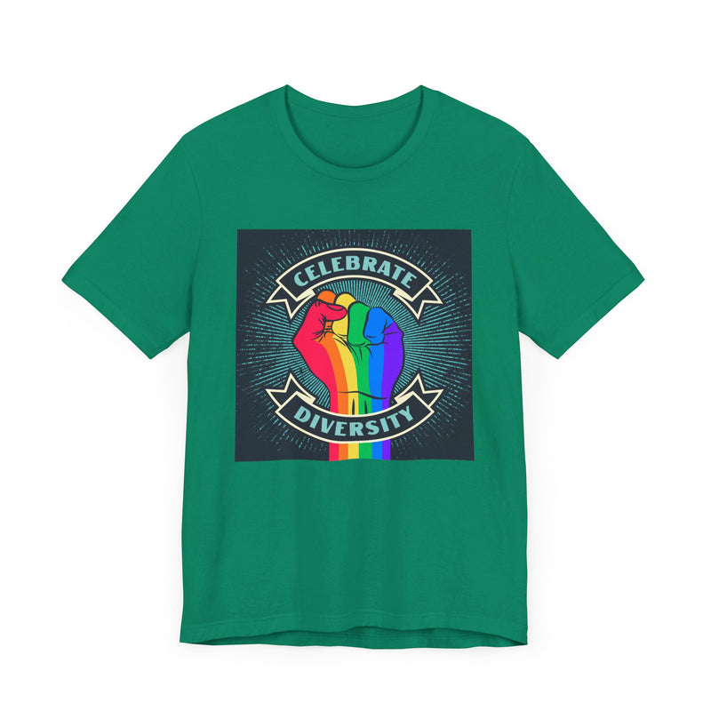 Celebrate. Rainbow Fist.  Unisex comfy casual t-shirt with short sleeves.