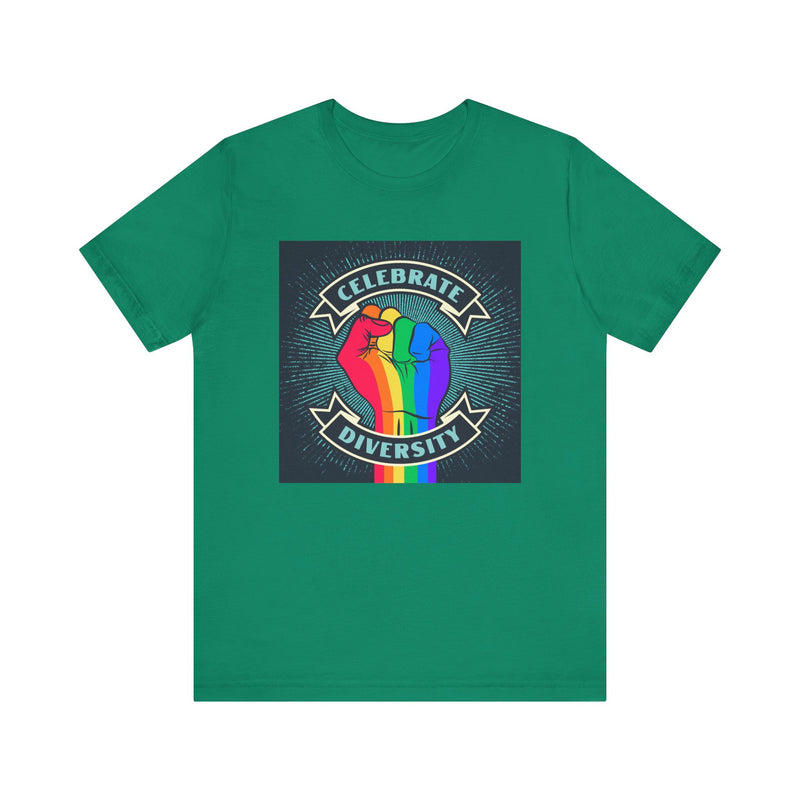 Celebrate. Rainbow Fist.  Unisex comfy casual t-shirt with short sleeves.