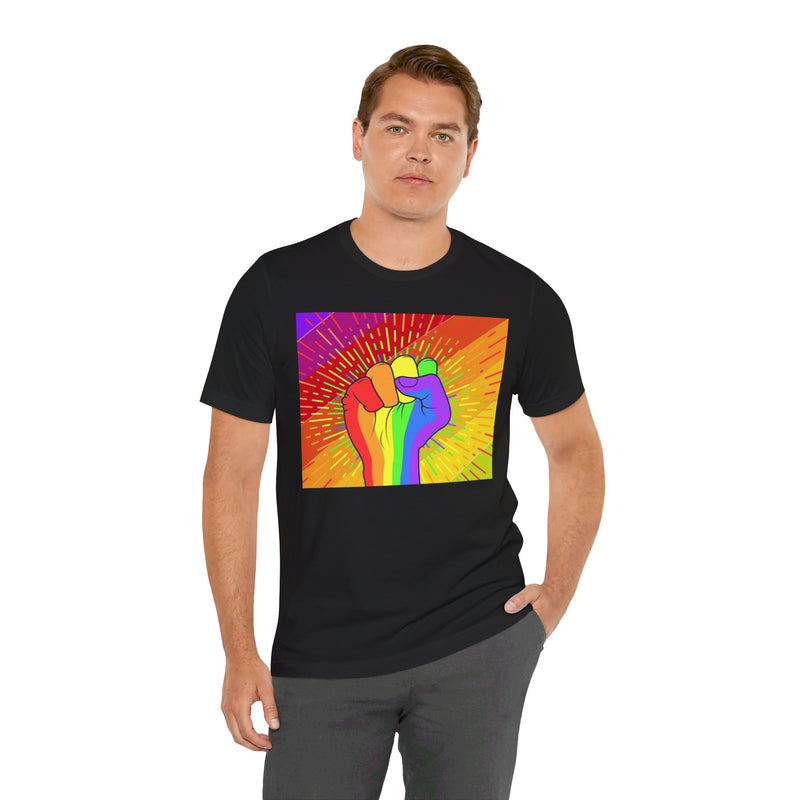 Pride Rainbow Fist Raised.  Unisex comfy casual t-shirt with short sleeves.