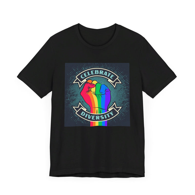Celebrate. Rainbow Fist.  Unisex comfy casual t-shirt with short sleeves.