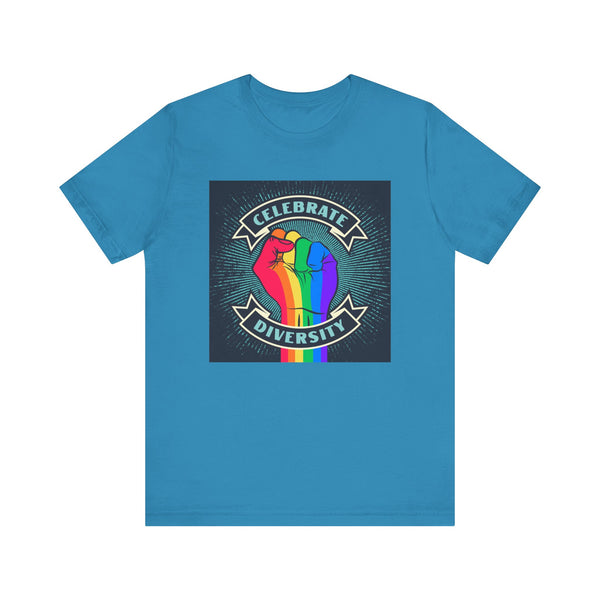 Celebrate. Rainbow Fist.  Unisex comfy casual t-shirt with short sleeves.