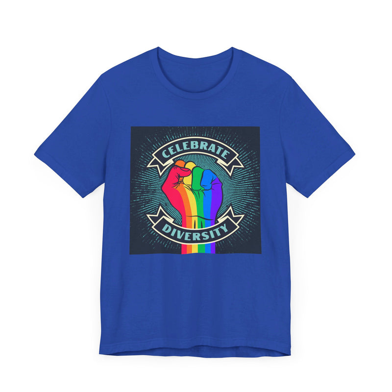 Celebrate. Rainbow Fist.  Unisex comfy casual t-shirt with short sleeves.