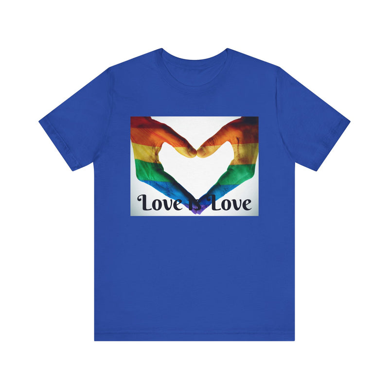 PRIDE Heart Hands LOVE is LOVE.  Unisex comfy casual t-shirt with short sleeves.