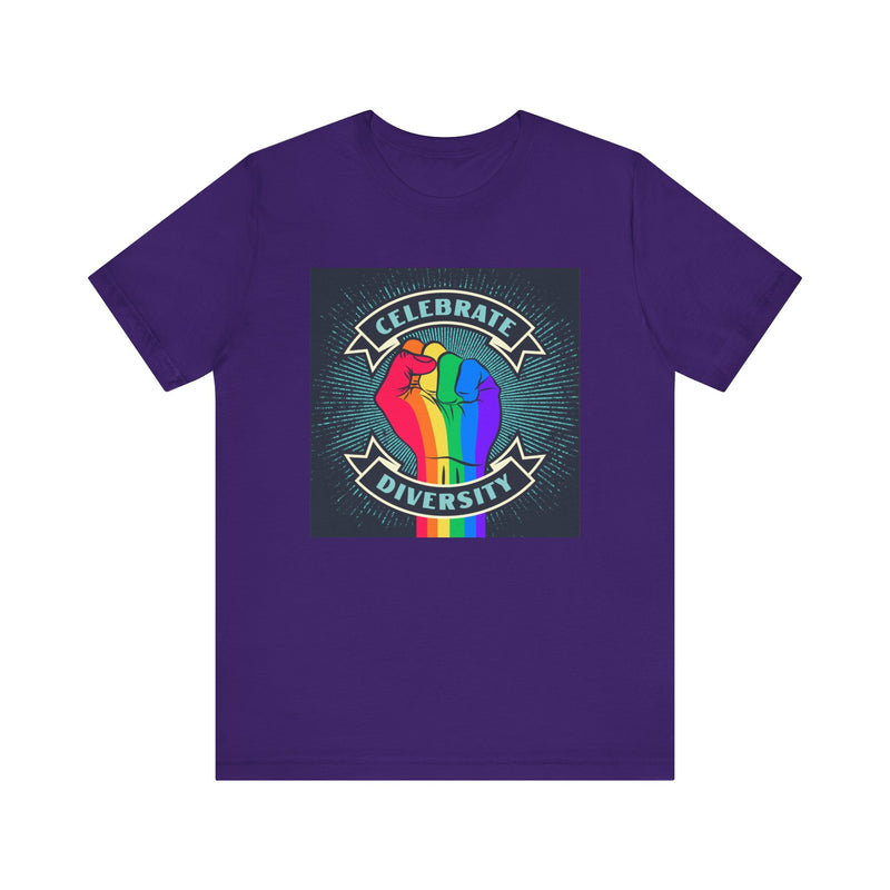 Celebrate. Rainbow Fist.  Unisex comfy casual t-shirt with short sleeves.