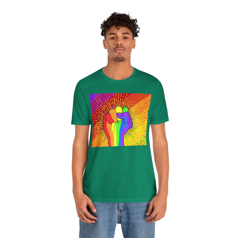 Pride Rainbow Fist Raised.  Unisex comfy casual t-shirt with short sleeves.