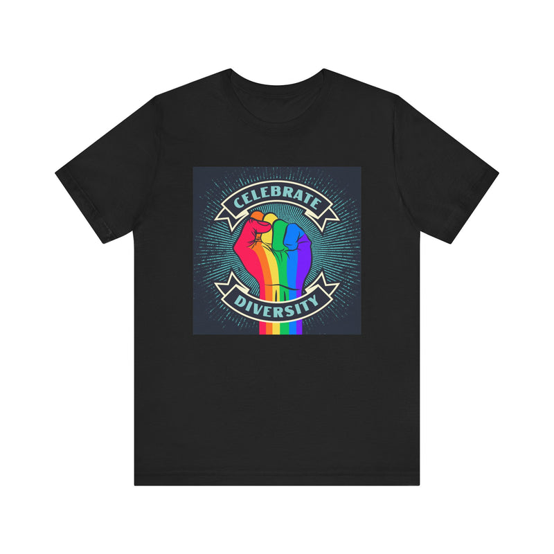 Celebrate. Rainbow Fist.  Unisex comfy casual t-shirt with short sleeves.