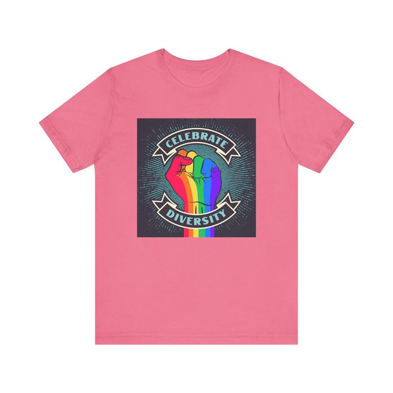 Celebrate. Rainbow Fist.  Unisex comfy casual t-shirt with short sleeves.