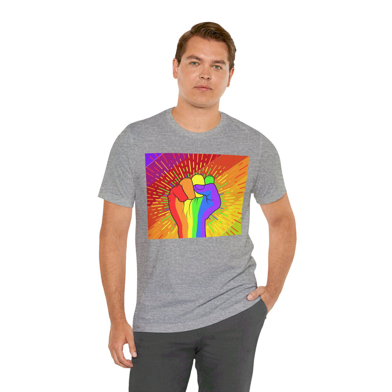 Pride Rainbow Fist Raised.  Unisex comfy casual t-shirt with short sleeves.