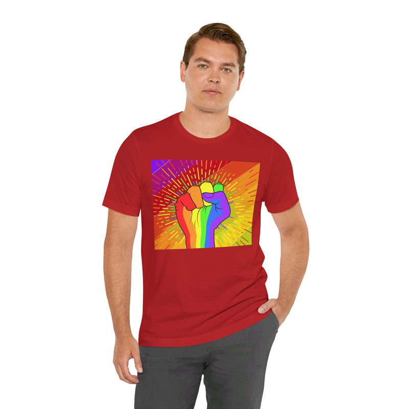 Pride Rainbow Fist Raised.  Unisex comfy casual t-shirt with short sleeves.