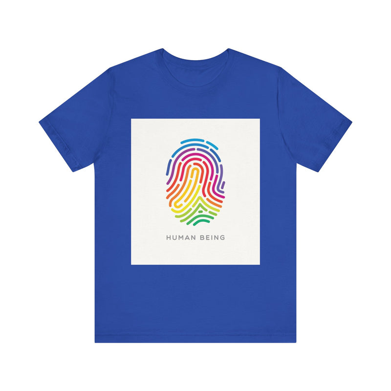 Rainbow Fingerprint Human Being.  Unisex comfy casual t-shirt with short sleeves.
