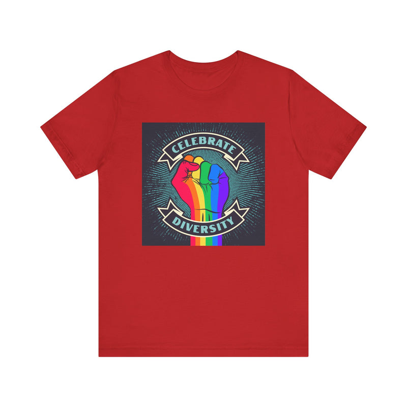 Celebrate. Rainbow Fist.  Unisex comfy casual t-shirt with short sleeves.