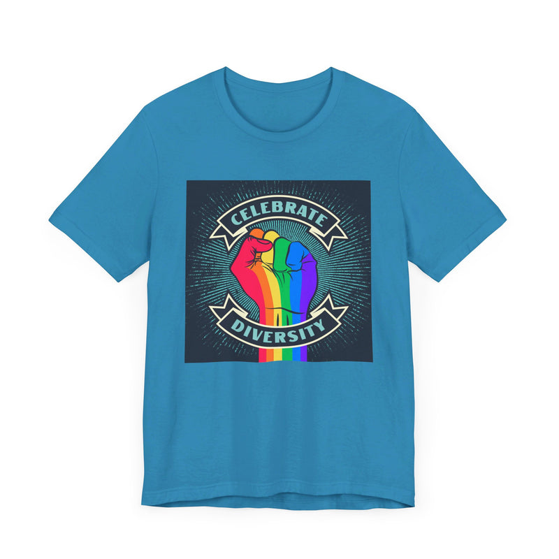 Celebrate. Rainbow Fist.  Unisex comfy casual t-shirt with short sleeves.