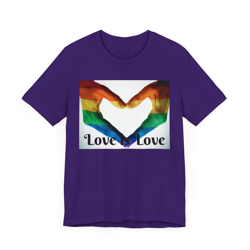PRIDE Heart Hands LOVE is LOVE.  Unisex comfy casual t-shirt with short sleeves.
