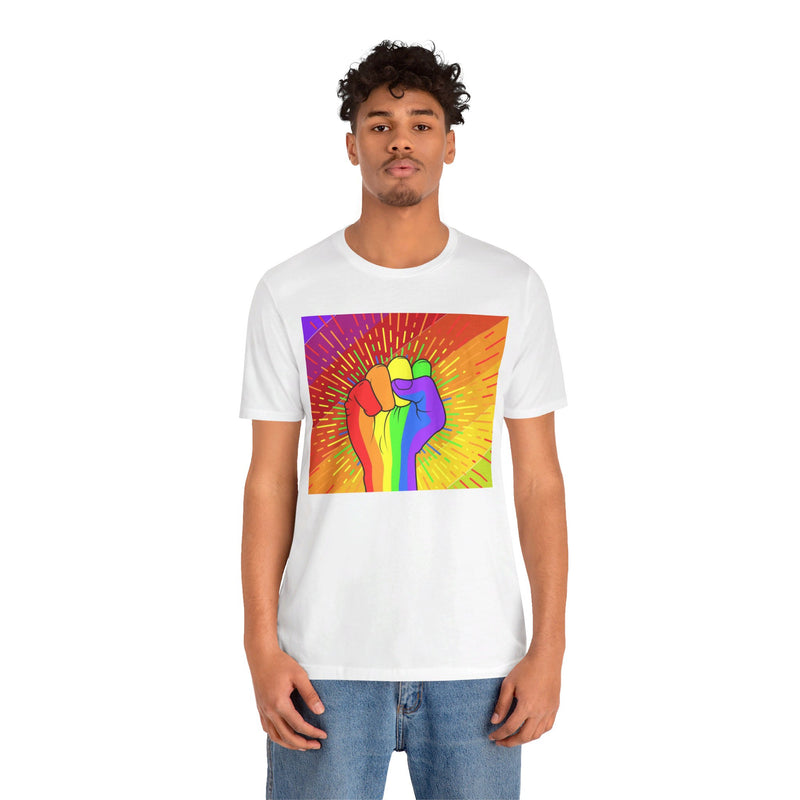 Pride Rainbow Fist Raised.  Unisex comfy casual t-shirt with short sleeves.