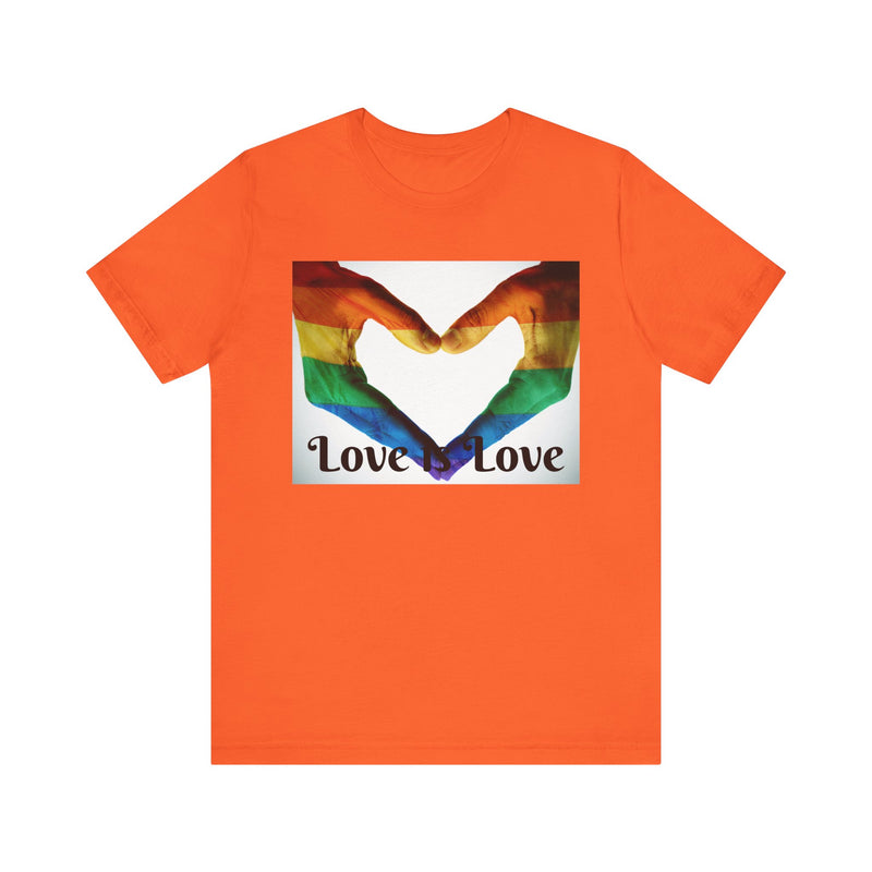 PRIDE Heart Hands LOVE is LOVE.  Unisex comfy casual t-shirt with short sleeves.