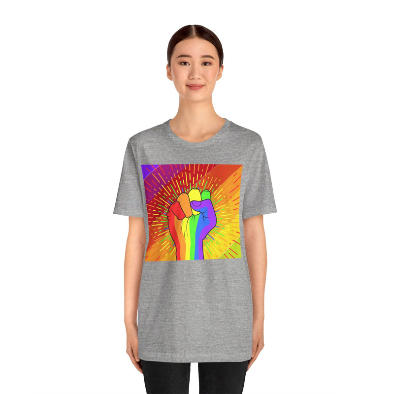 Pride Rainbow Fist Raised.  Unisex comfy casual t-shirt with short sleeves.
