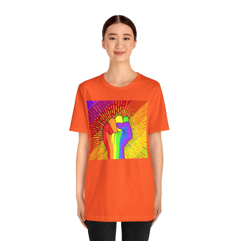 Pride Rainbow Fist Raised.  Unisex comfy casual t-shirt with short sleeves.
