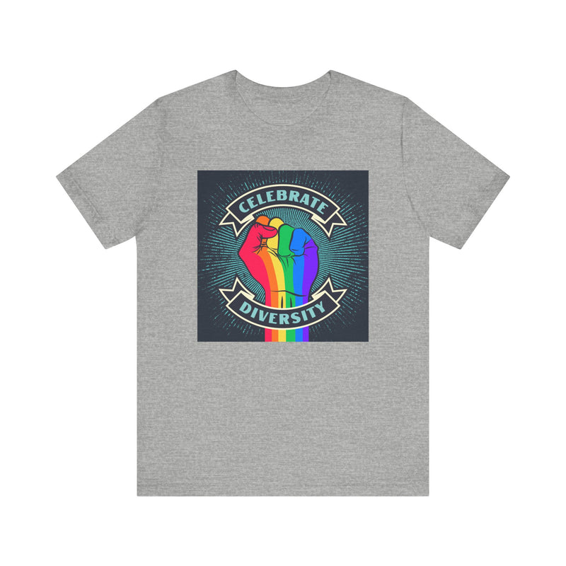 Celebrate. Rainbow Fist.  Unisex comfy casual t-shirt with short sleeves.