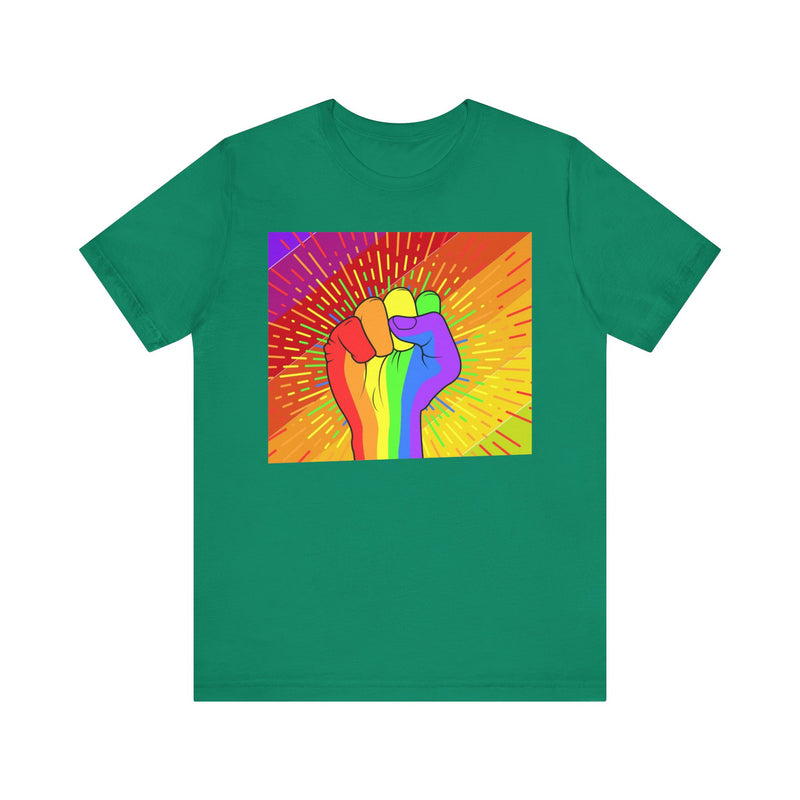 Pride Rainbow Fist Raised.  Unisex comfy casual t-shirt with short sleeves.