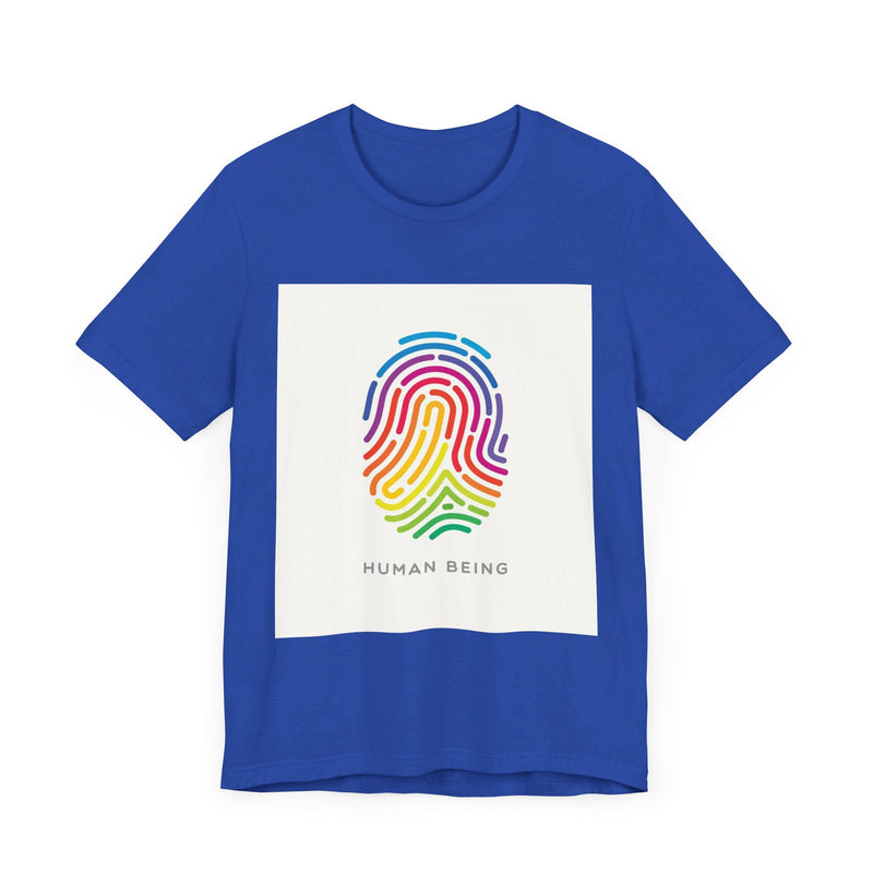 Rainbow Fingerprint Human Being.  Unisex comfy casual t-shirt with short sleeves.