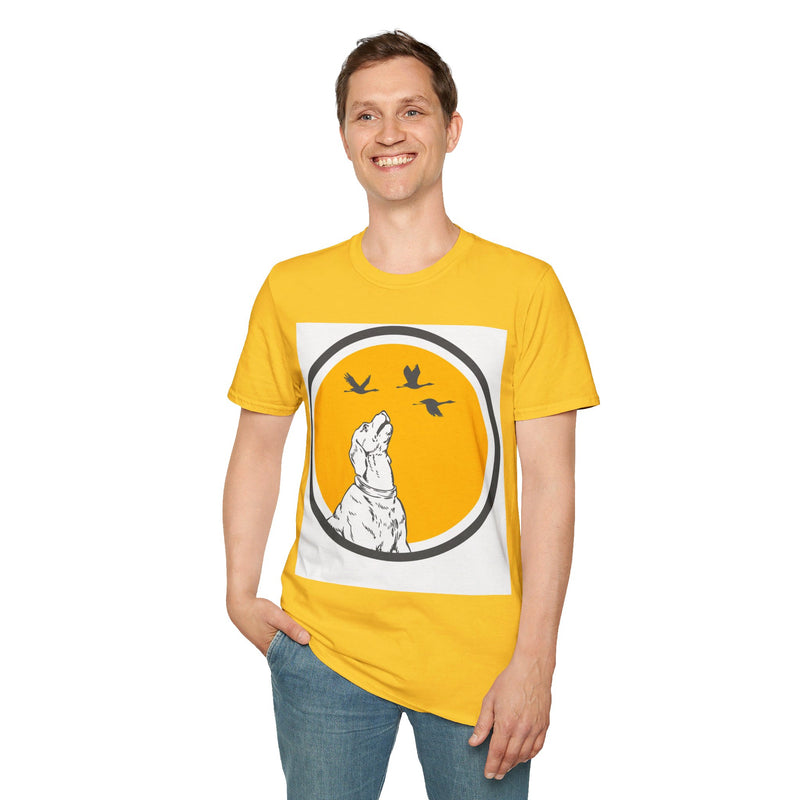 Circle Dog Watching Birds. Unisex comfy short sleeve t-shirt.