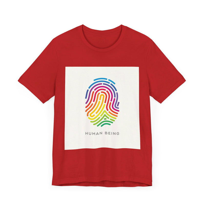 Rainbow Fingerprint Human Being.  Unisex comfy casual t-shirt with short sleeves.