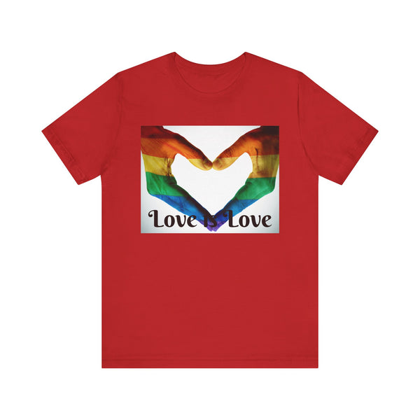 PRIDE Heart Hands LOVE is LOVE.  Unisex comfy casual t-shirt with short sleeves.