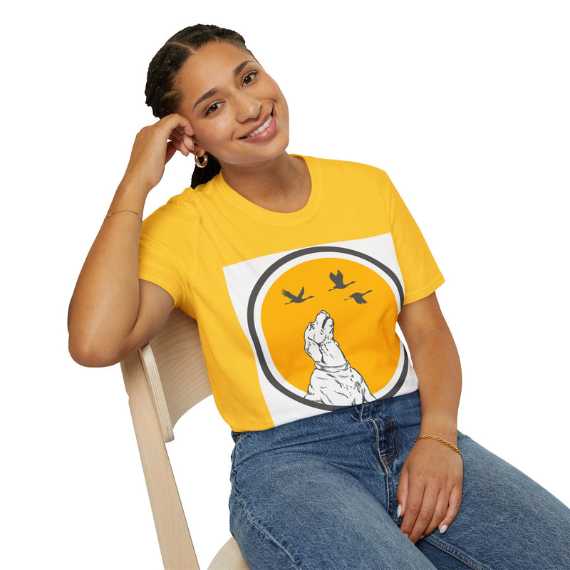 Circle Dog Watching Birds. Unisex comfy short sleeve t-shirt.