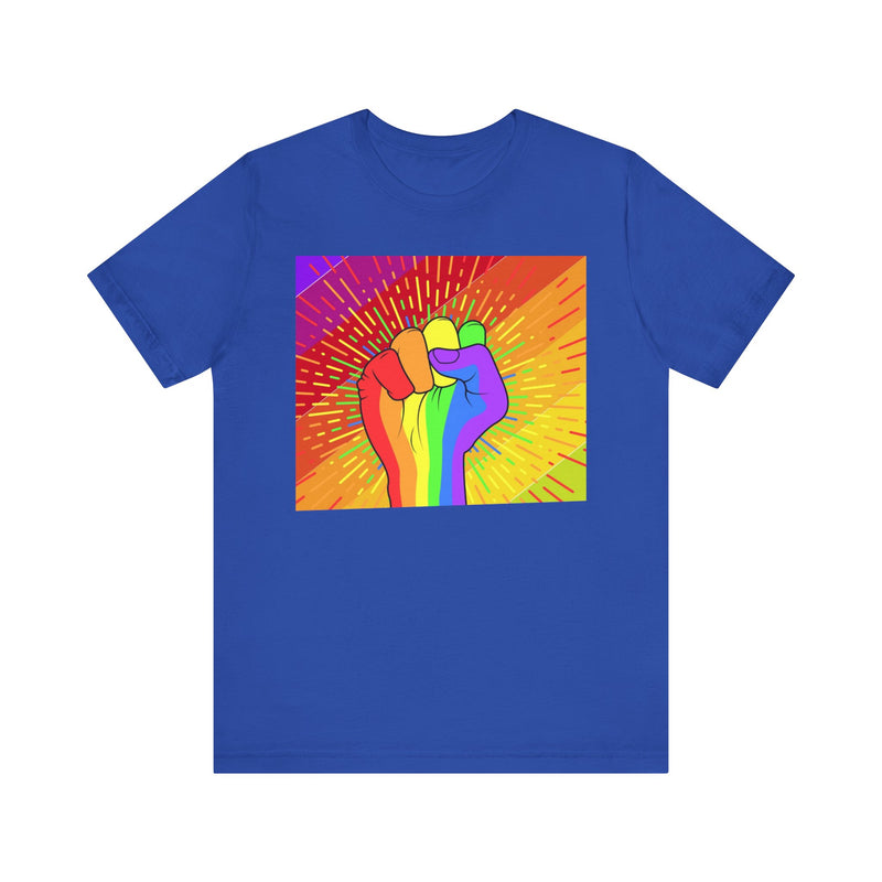 Pride Rainbow Fist Raised.  Unisex comfy casual t-shirt with short sleeves.