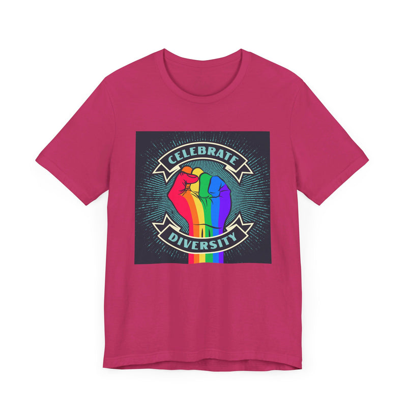 Celebrate. Rainbow Fist.  Unisex comfy casual t-shirt with short sleeves.