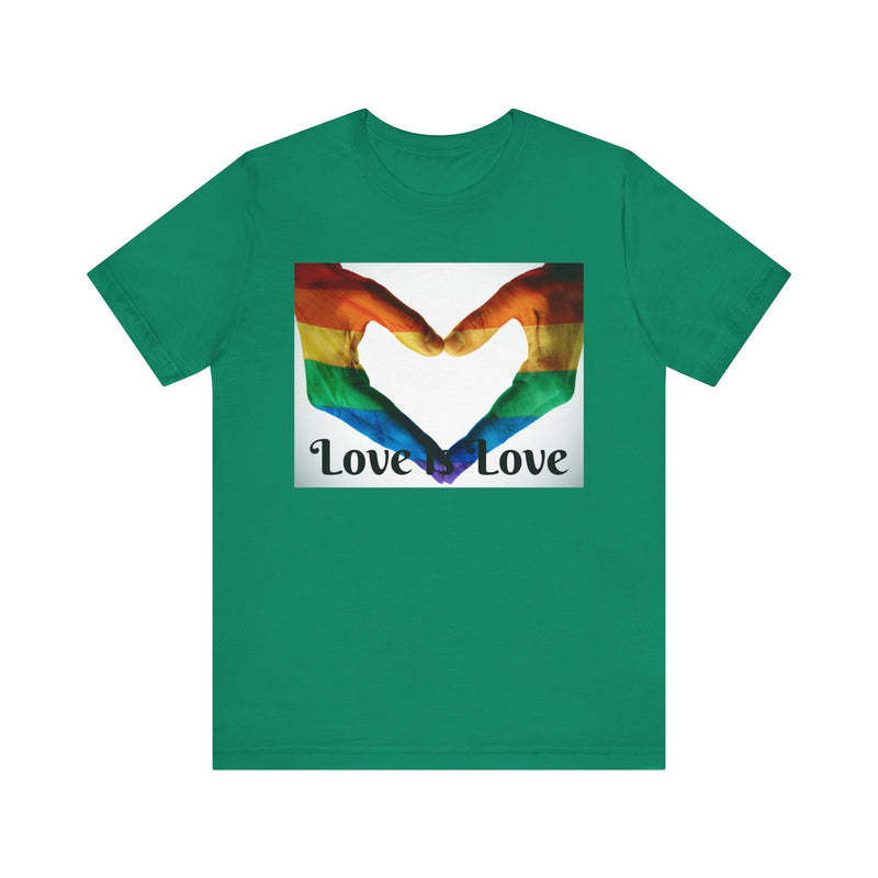 PRIDE Heart Hands LOVE is LOVE.  Unisex comfy casual t-shirt with short sleeves.