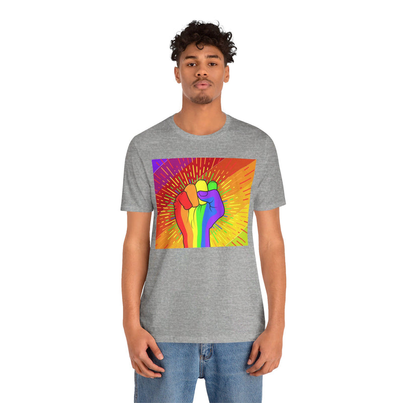 Pride Rainbow Fist Raised.  Unisex comfy casual t-shirt with short sleeves.