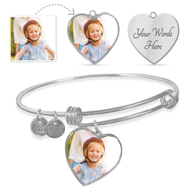 New Mom Gift, Gift for Mom, Gift for Grandma, Personalized Charms with Photo, Bracelet with Custom Charms, Heart-Shape Pendant and Bangle